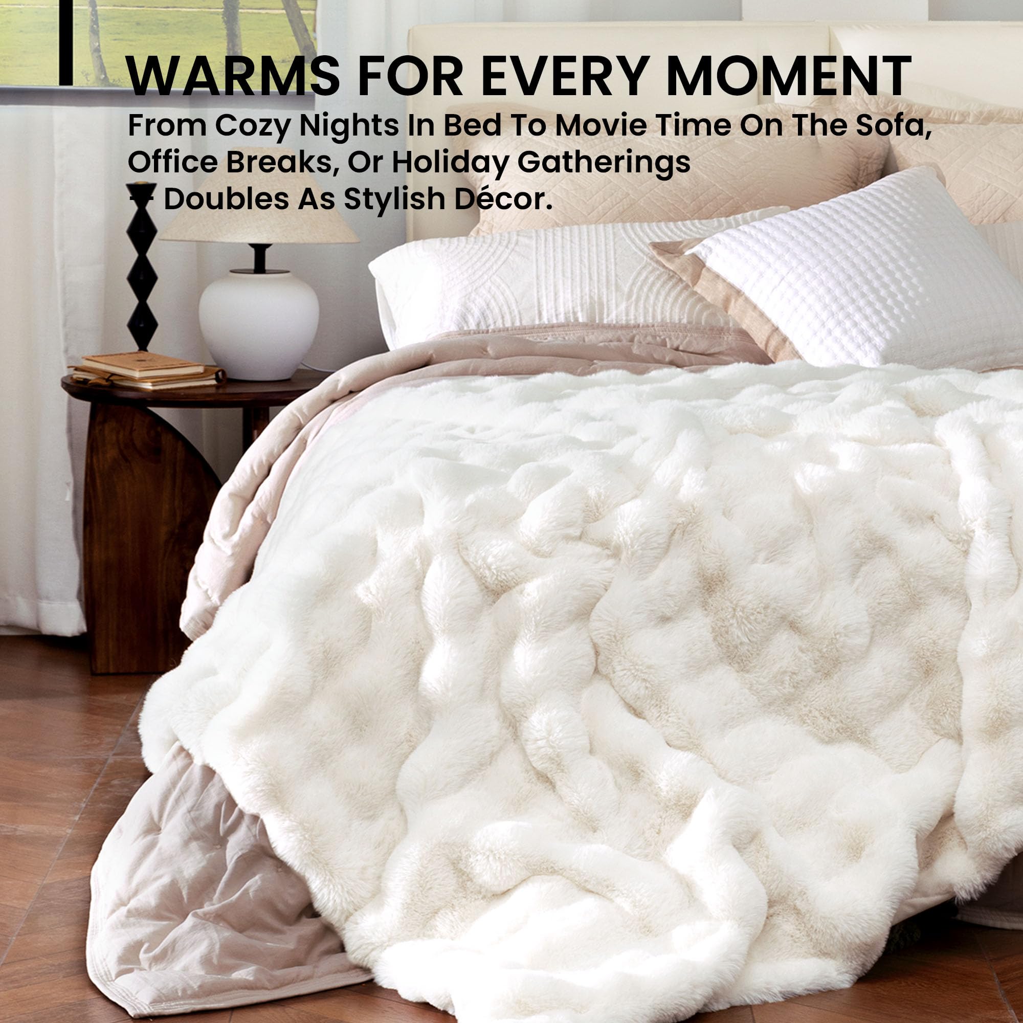 Blunique heated blanket faux rabbit fur texture for luxurious warmth