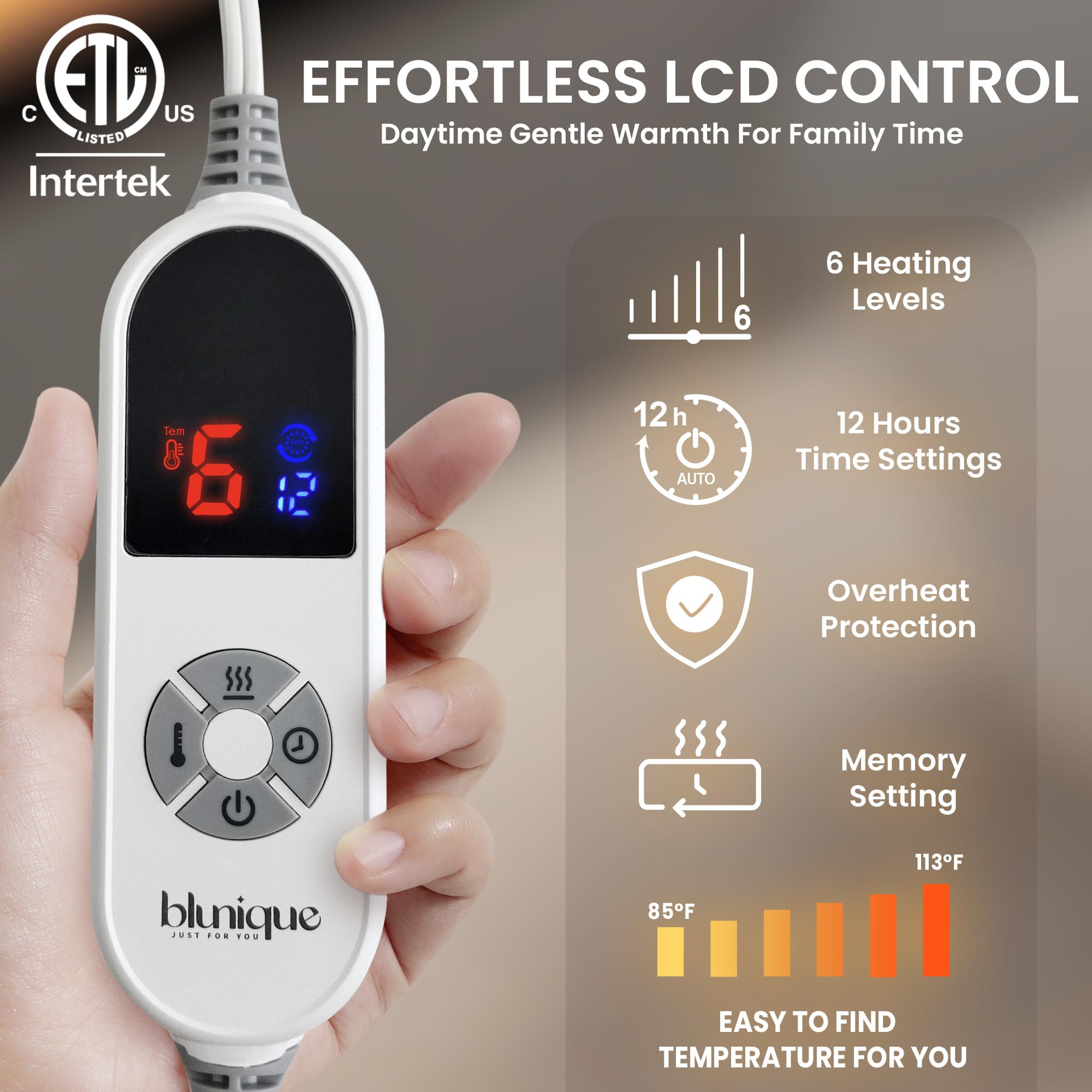 Blunique electric heated blanket LCD control panel for easy adjustments