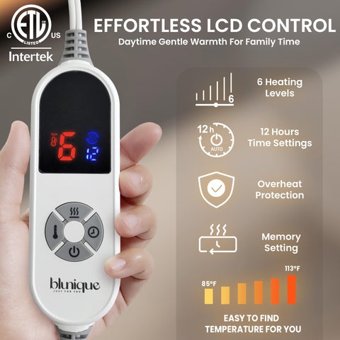 Blunique electric heated blanket LCD control panel for easy adjustments