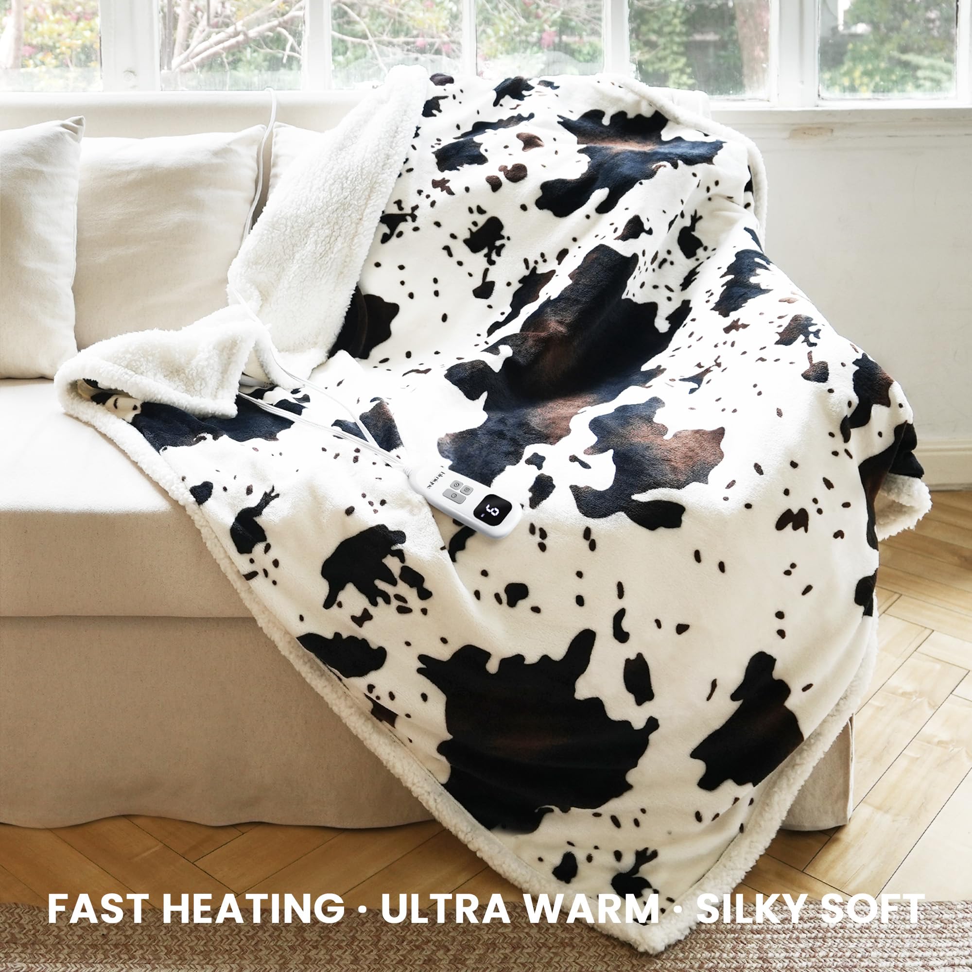 Blunique heated blanket draped on bed for instant warmth