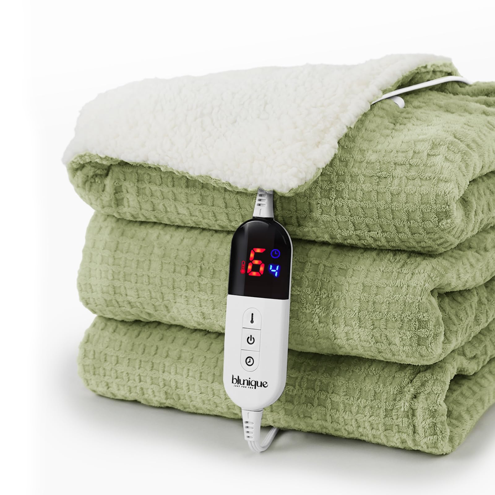 blunique heated blanket with waffle texture provides cozy warmth on couch
