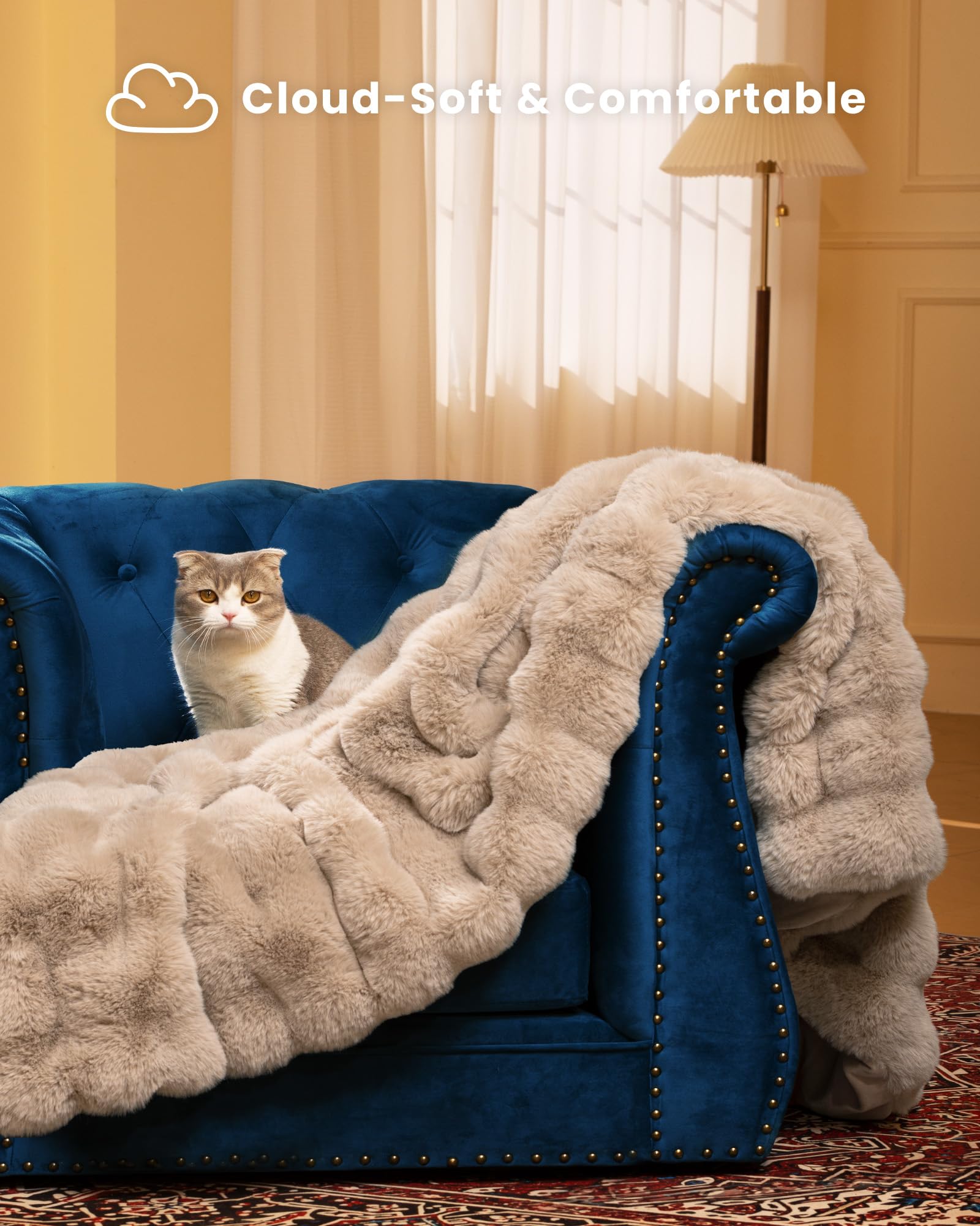 Blunique light brown oversized throw resting on a cozy sofa