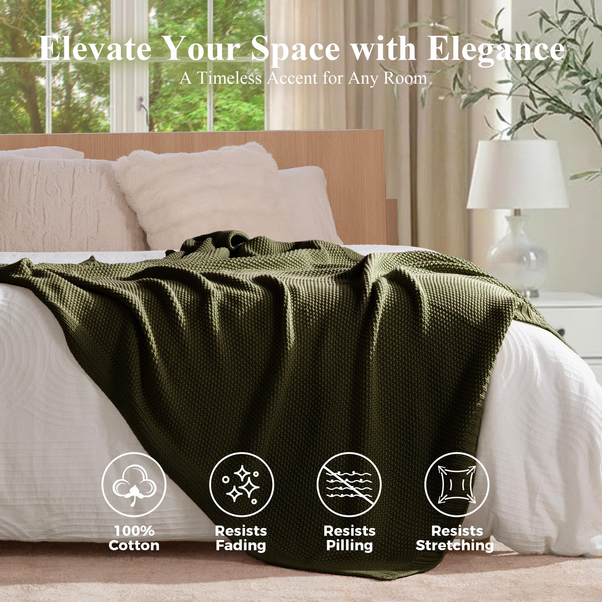 blunique olive-green cotton cable knit throw draped on bed for cozy layering