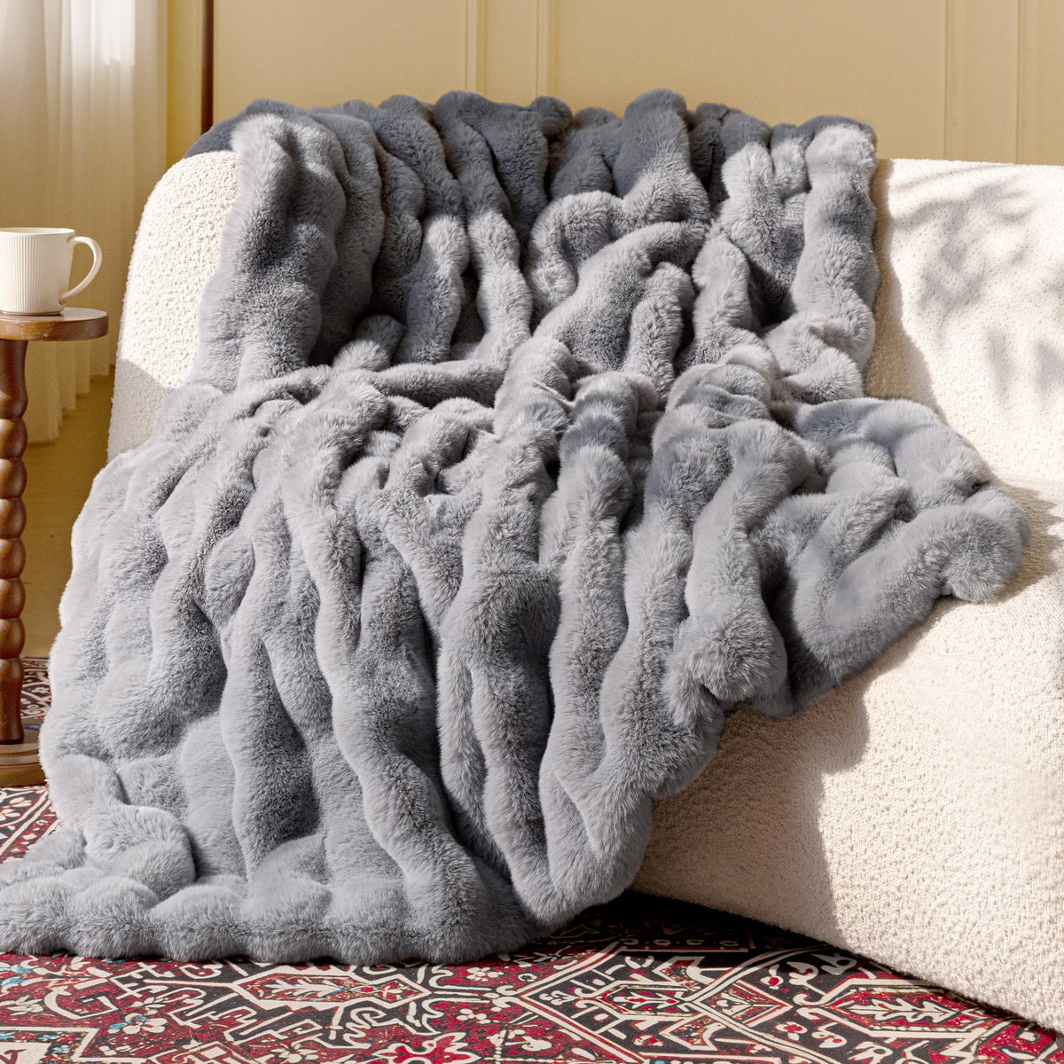 blunique Ultra Soft Cozy Faux Fur Throw with bubble texture for cozy warmth.
