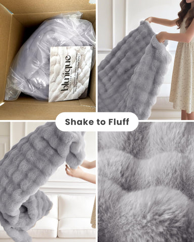 blunique Ultra Soft Cozy Faux Fur Throw closeup shows fluffy bunny fur texture.