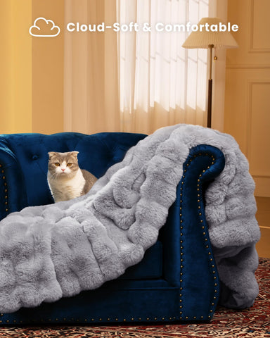blunique Ultra Soft Cozy Faux Fur Throw on couch adds plush comfort for evenings.