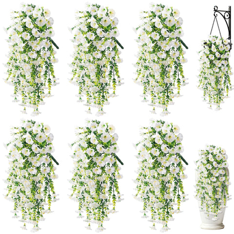 Blurap artificial morning glory hanging basket image showcases enduring outdoor color.
