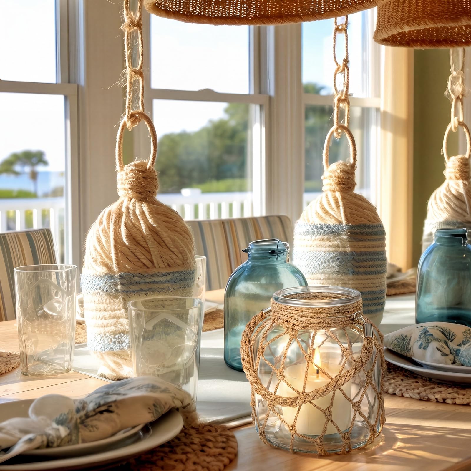 Blushtier coastal glass jar lantern wrapped in jute rope for rustic home decor.