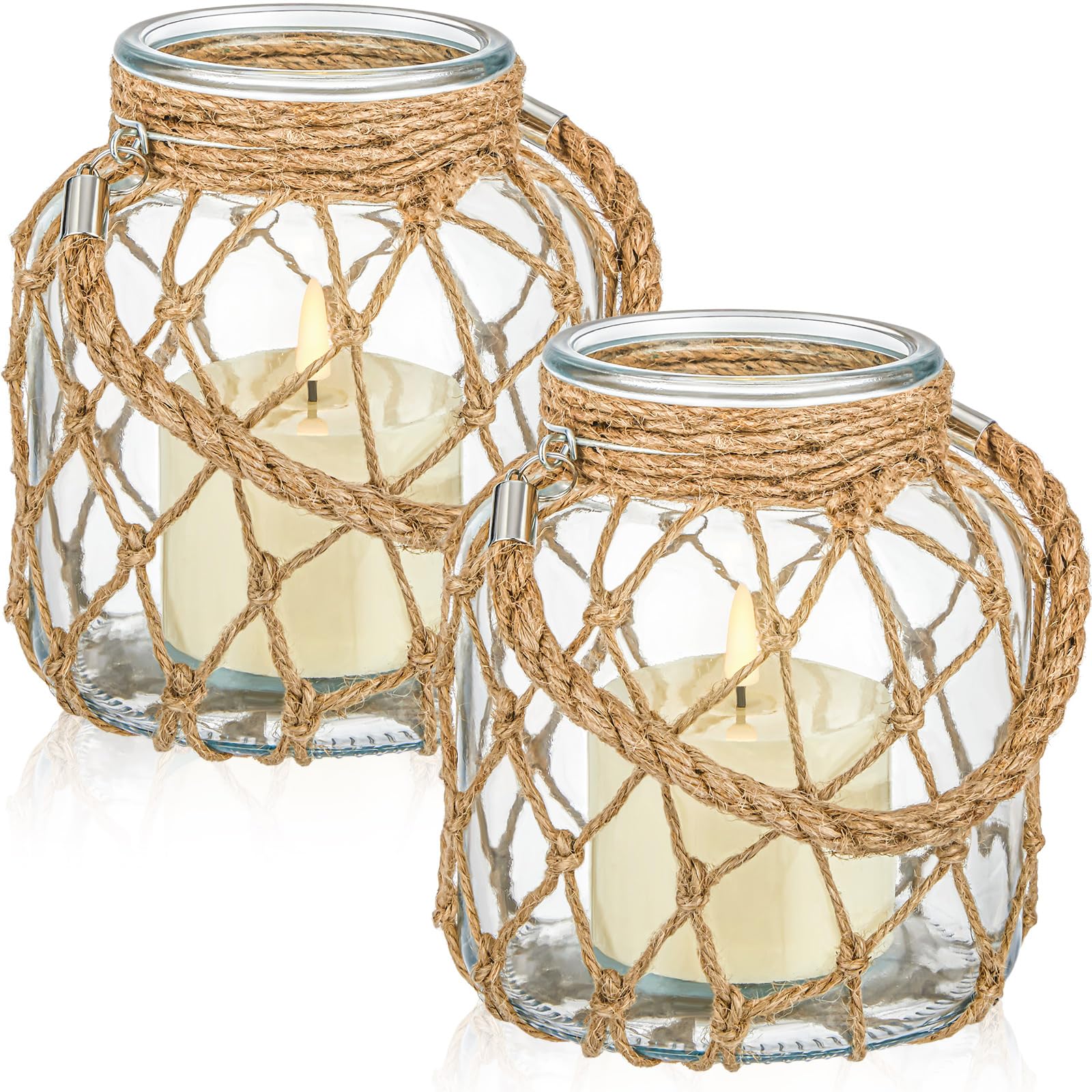 Blushtier nautical candle lantern with rope handle on coffee table creates cozy coastal ambiance.
