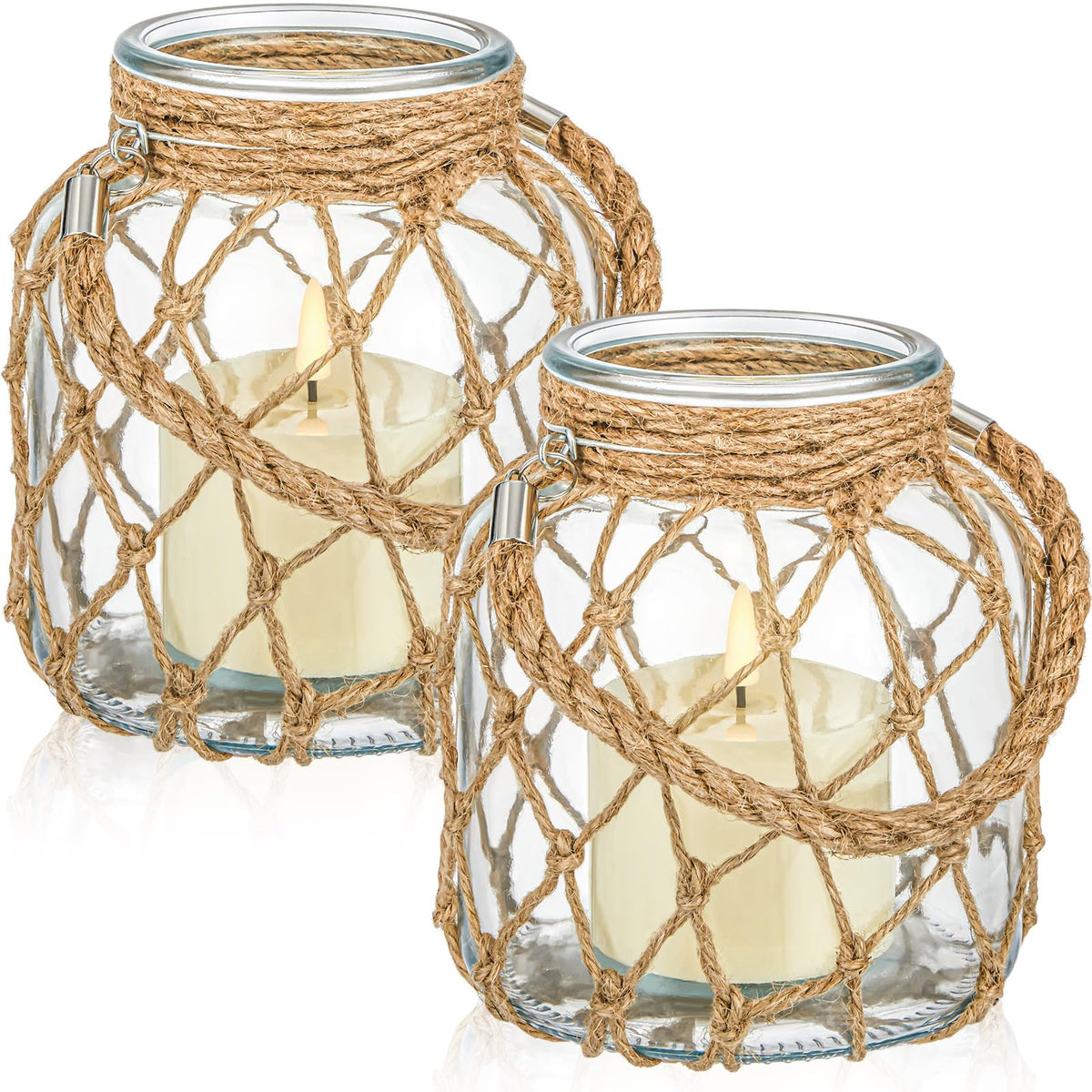 Blushtier nautical candle lantern with rope handle on coffee table creates cozy coastal ambiance.