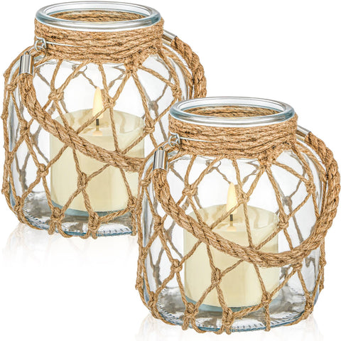 Blushtier nautical candle lantern with rope handle on coffee table creates cozy coastal ambiance.