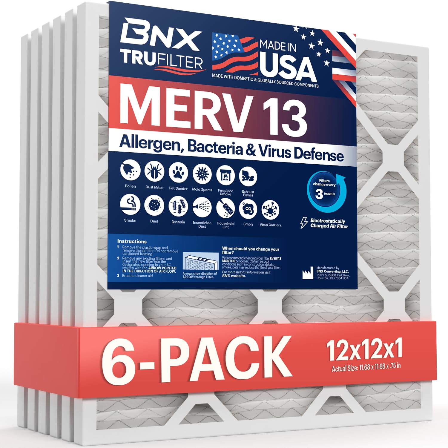 BNX TruFilter 12x12x1 packaging for easy HVAC replacement.