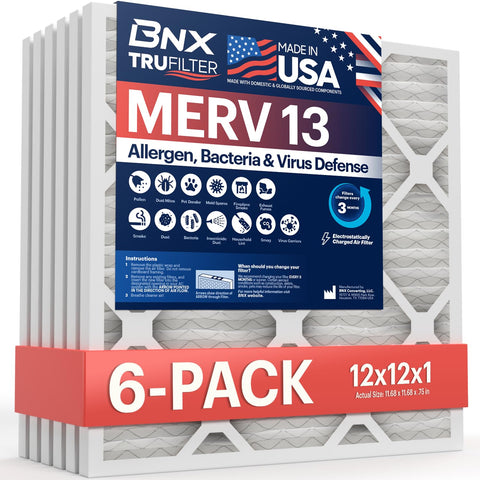 BNX TruFilter 12x12x1 packaging for easy HVAC replacement.