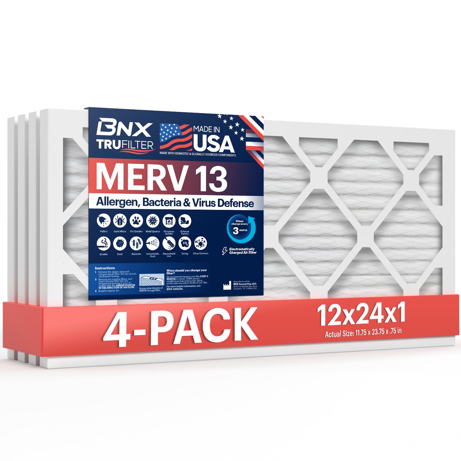 BNX TruFilter 12x24x1 pack front view highlighting a sturdy frame for HVAC use.