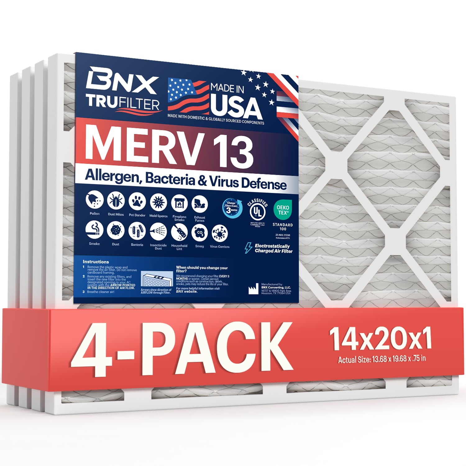 BNX TruFilter 14x20x1 front view for easy installation.