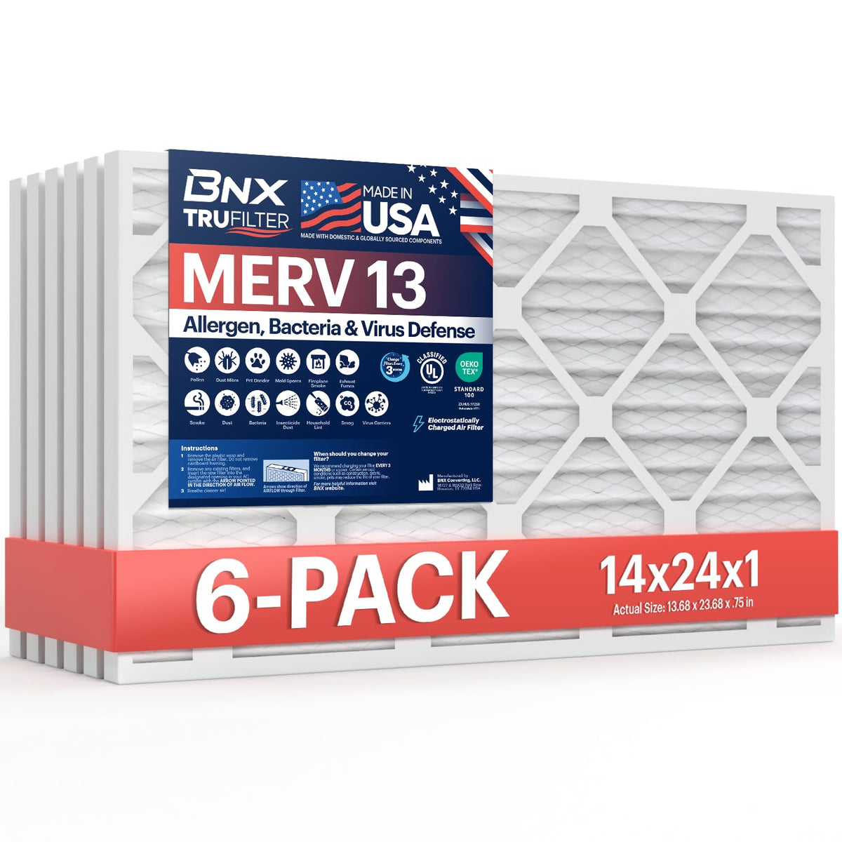 BNX TruFilter 14x24x1 air filter for cleaner indoor air and efficient filtration