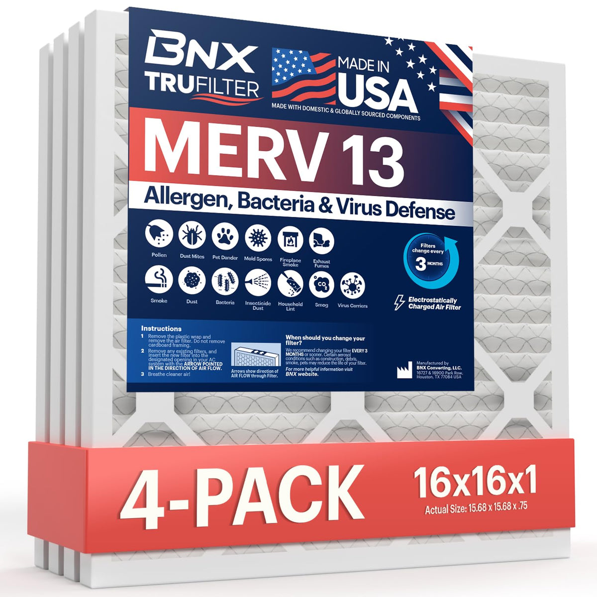 BNX TruFilter 16x16x1 packaging showcases USA-made filtration for clean air.