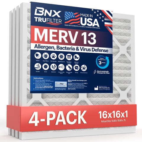 BNX TruFilter 16x16x1 packaging showcases USA-made filtration for clean air.