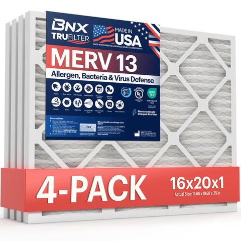 BNX TruFilter 16x20x1 air filter front view showing compact fit for HVAC units