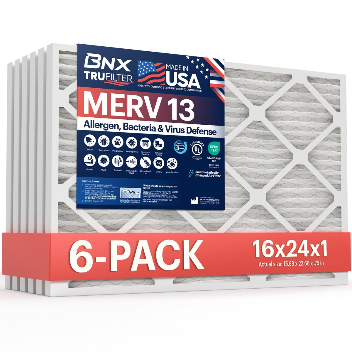BNX TruFilter 16x24x1 front view shows a durable MERV 13 air filter for clean air