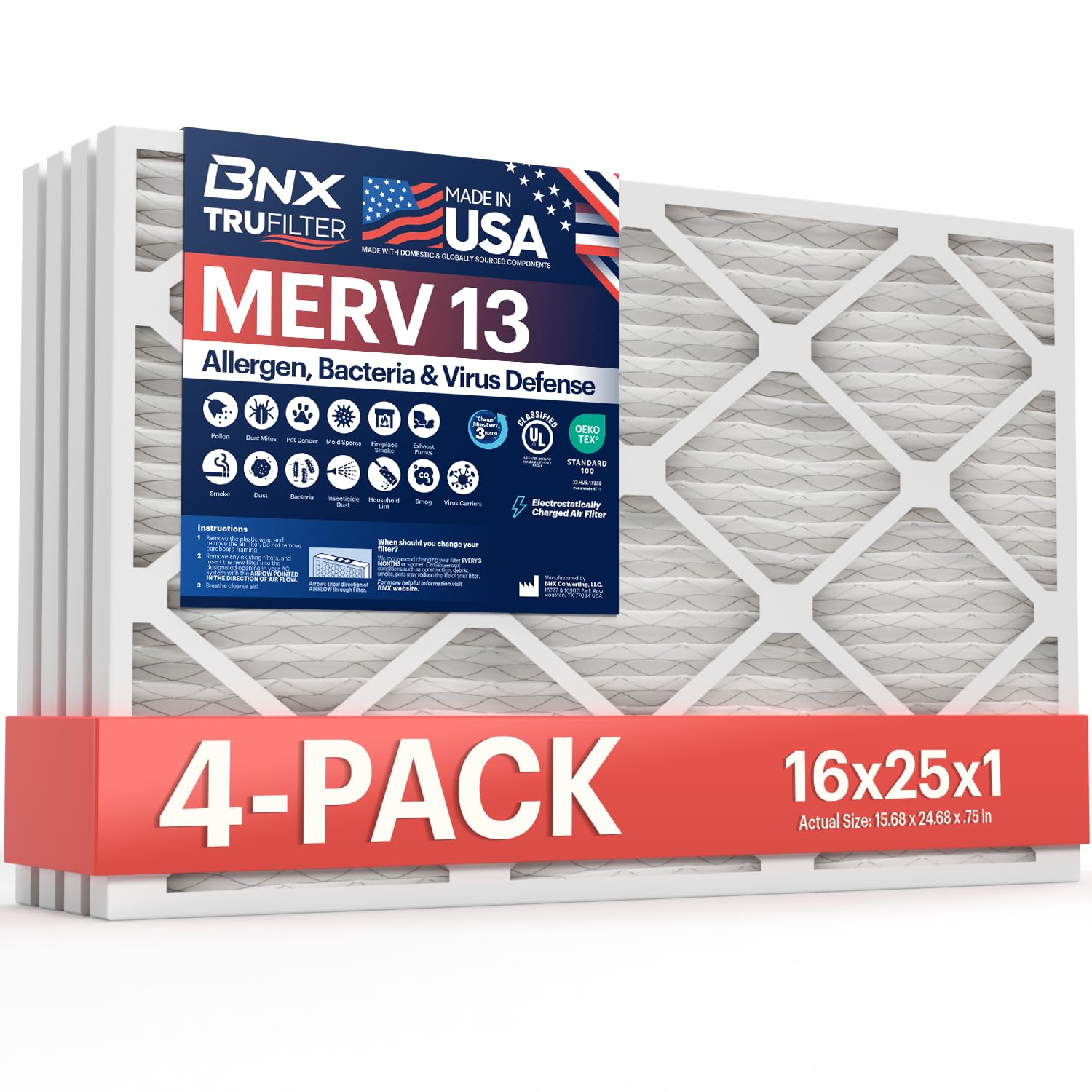 BNX TruFilter 16x25x1 front view showing sturdy air filter for HVAC