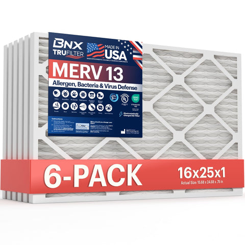 BNX TruFilter 16x25x1 pack front view for quick, easy replacement in HVAC systems.