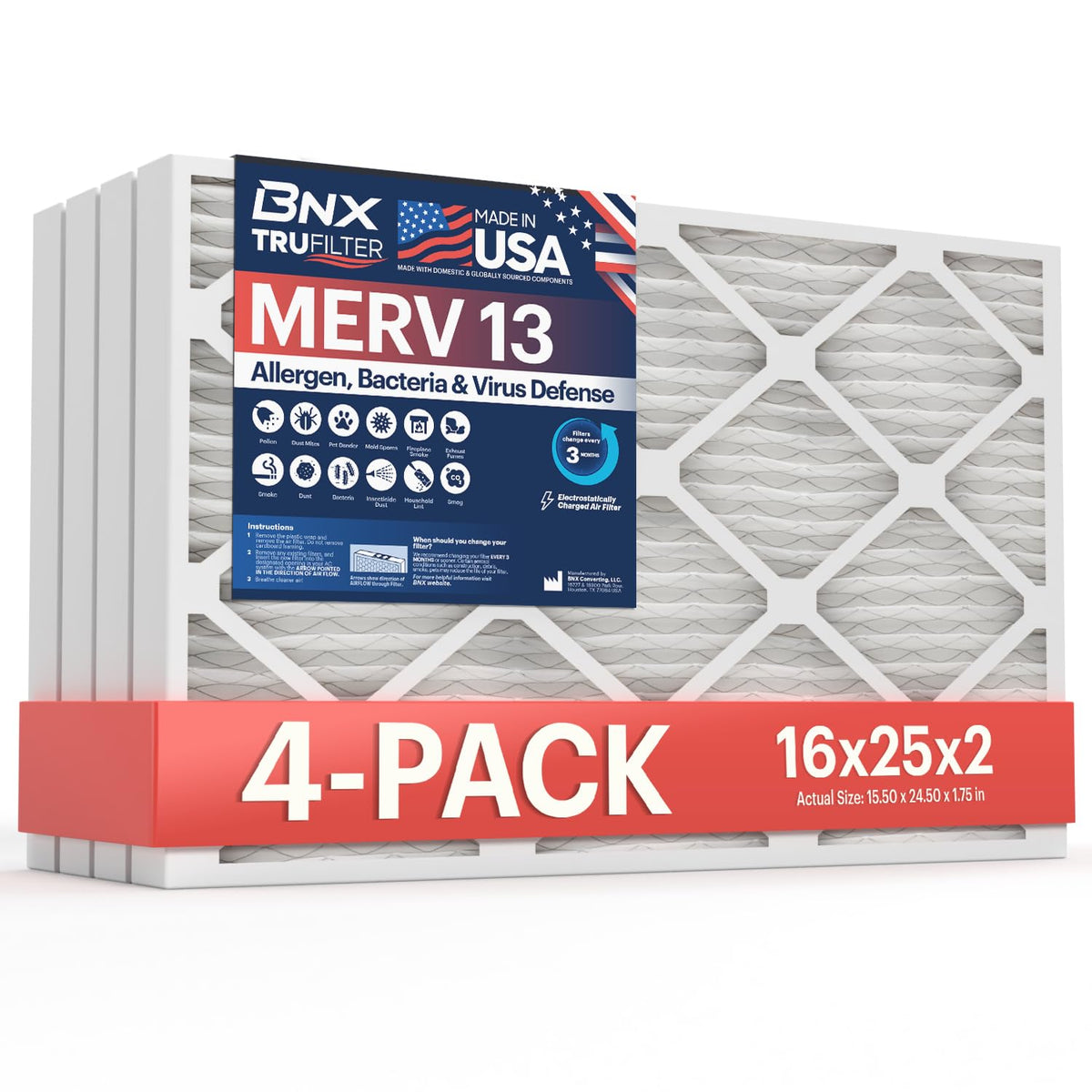 BNX TruFilter 16x25x2 packaging highlights US-made quality for reliable air filtration at home.