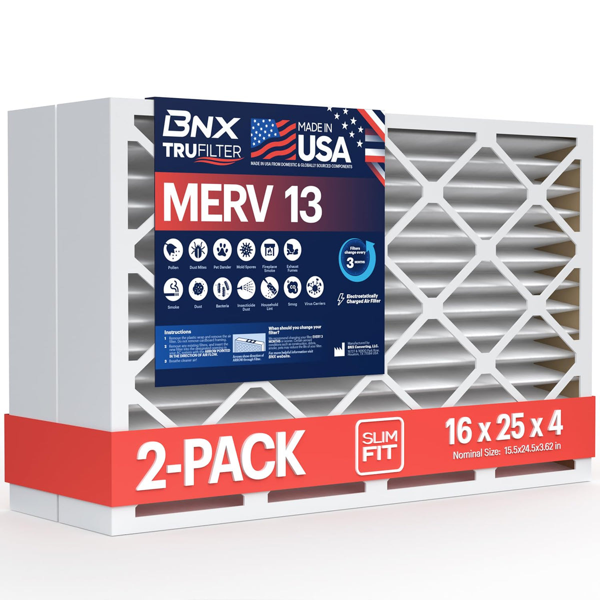 BNX TruFilter 16x25x4 actual size shows a precise, slim-fit for HVAC units