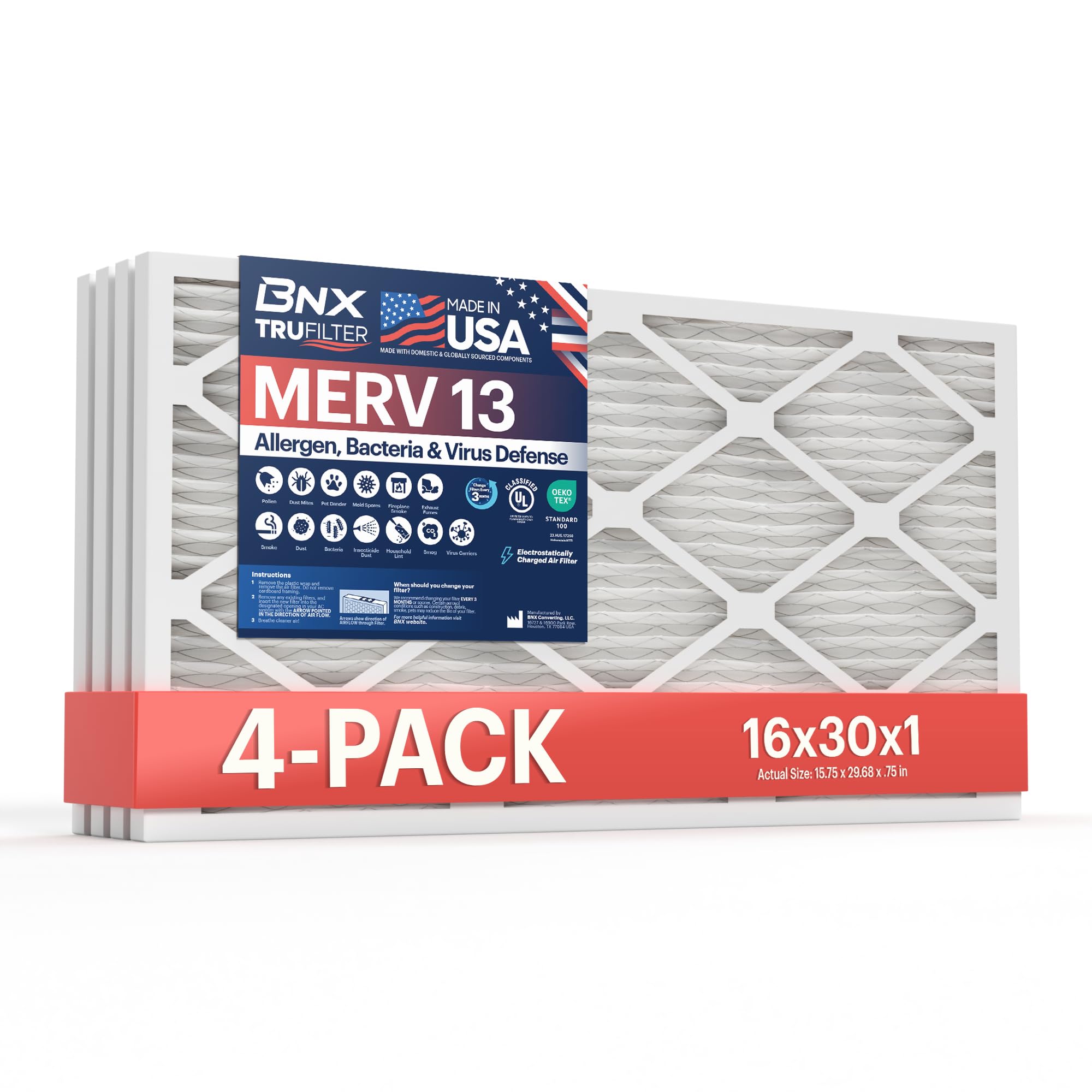 BNX TruFilter 16x30x1 air filter pack for easy four-pack replacement.