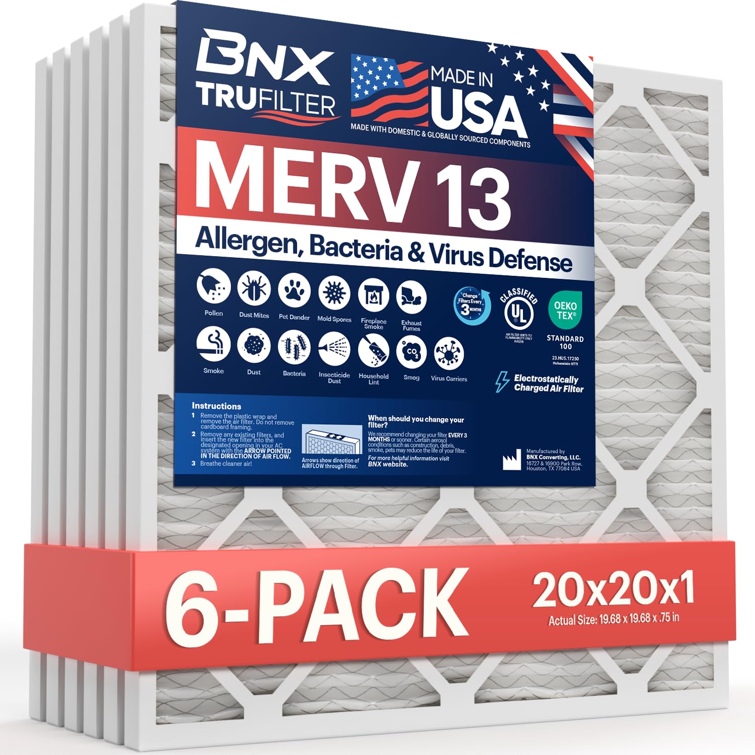 BNX TruFilter 20x20x1 MERV 13 filter ready for HVAC replacement