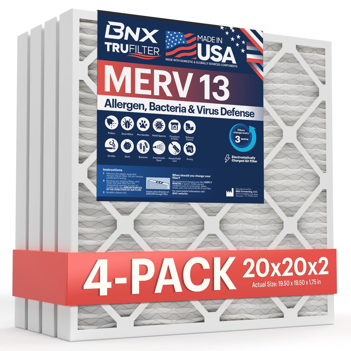 BNX TruFilter 20x20x2 filter close-up highlights electrostatic media for allergy defense.