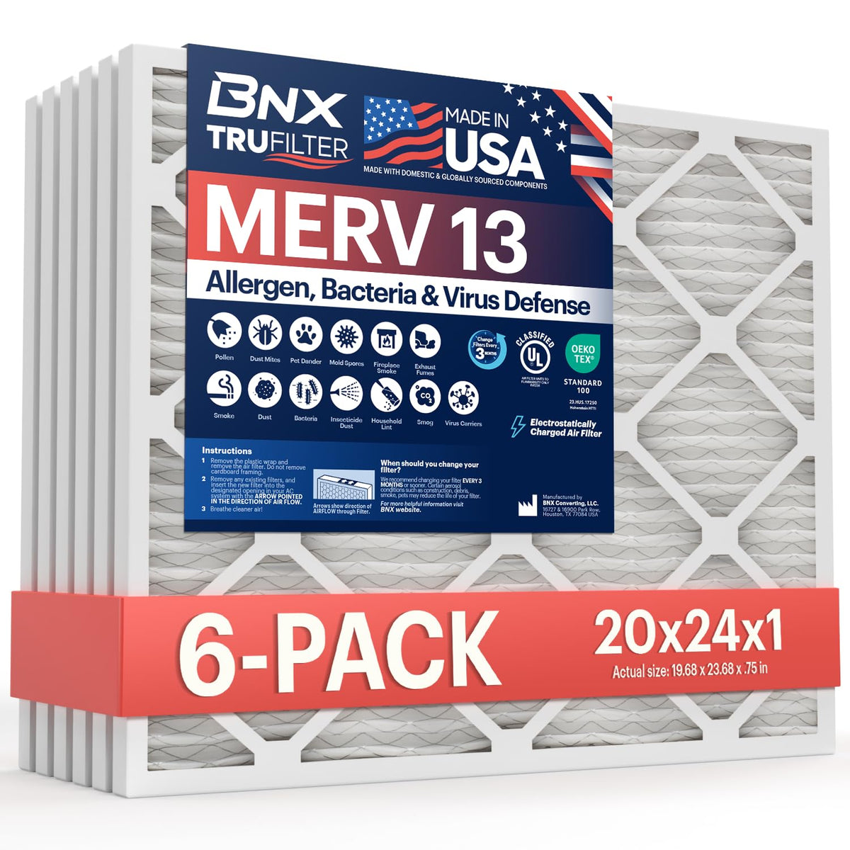 BNX TruFilter 20x24x1 front view shows a sturdy one-piece frame for efficient filtration.