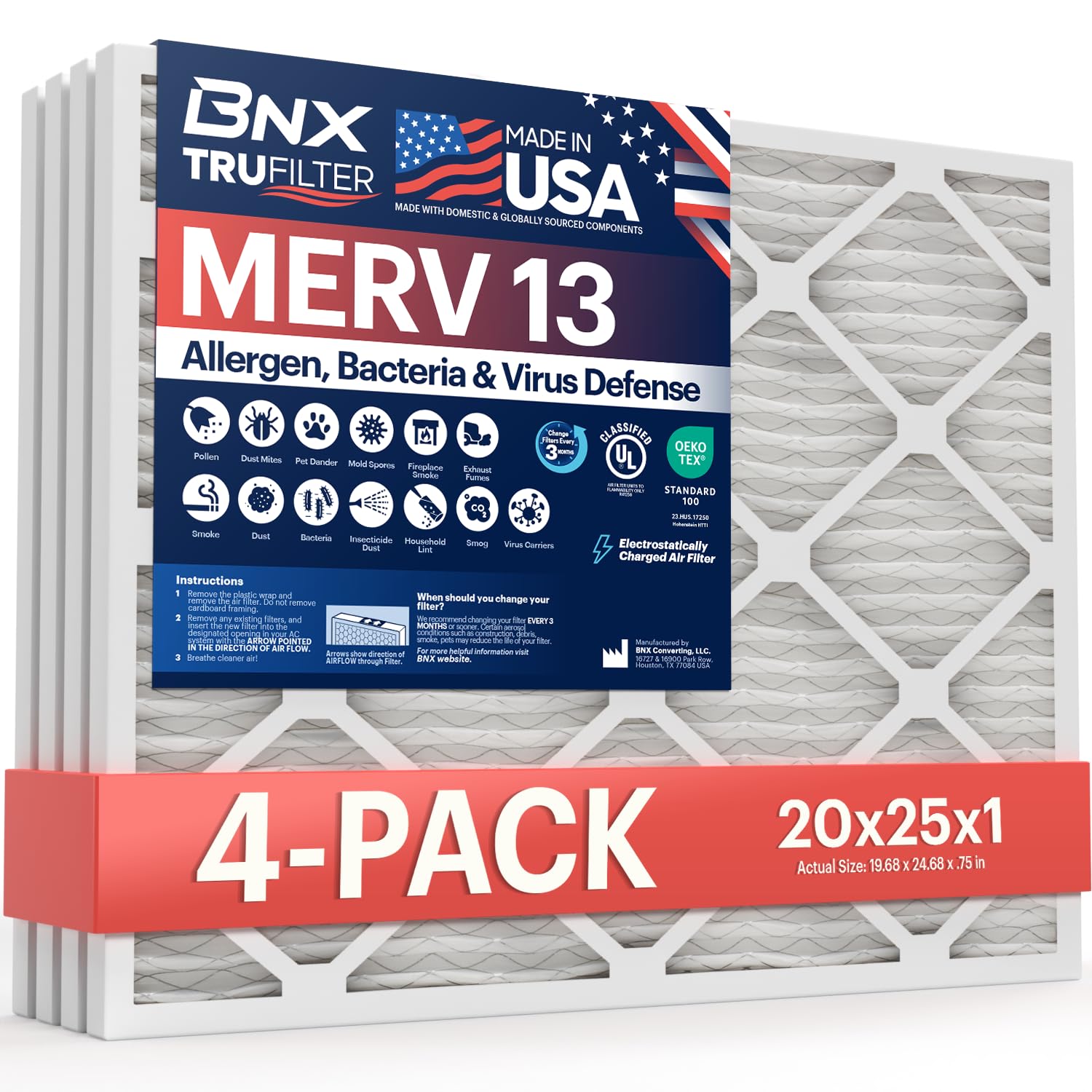 BNX TruFilter 20x25x1 front view with electrostatic pleated media for efficient filtration.