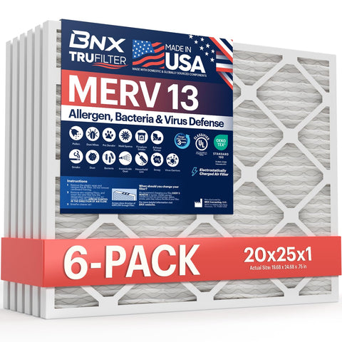 BNX TruFilter 20x25x1 front view for home HVAC with high filtration