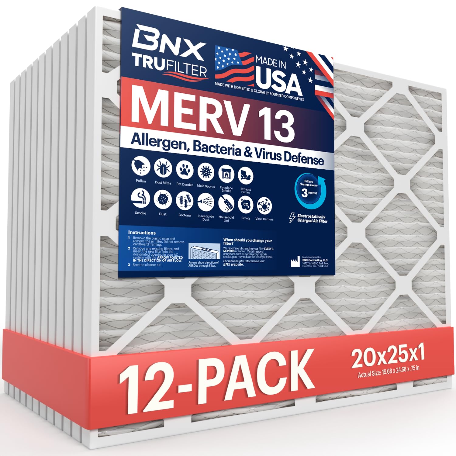 BNX TruFilter 20x25x1 front view for HVAC compatibility and cleaner air