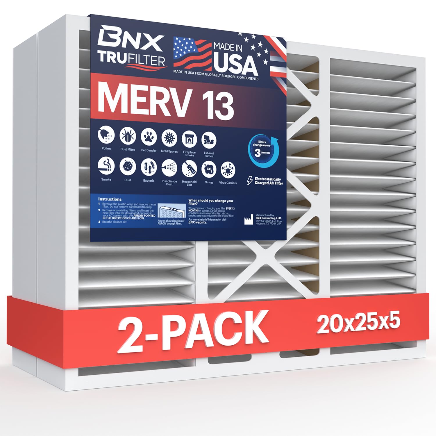 BNX TruFilter 20x25x5 packaging highlighting USA-made quality and 2-pack convenience
