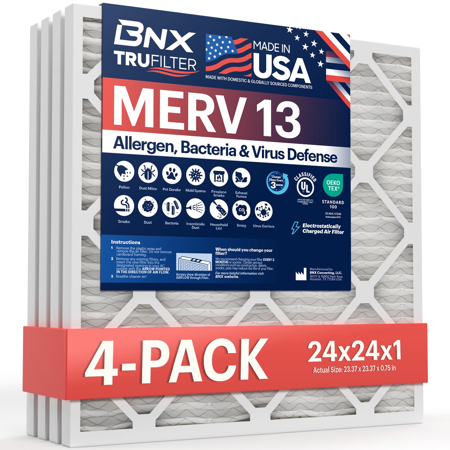 BNX TruFilter 24x24x1 4-pack front view for upgrading HVAC with high-efficiency filtration.
