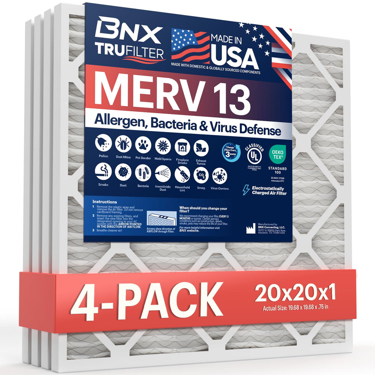 BNX TruFilter 4-pack box ready for quick HVAC replacement.
