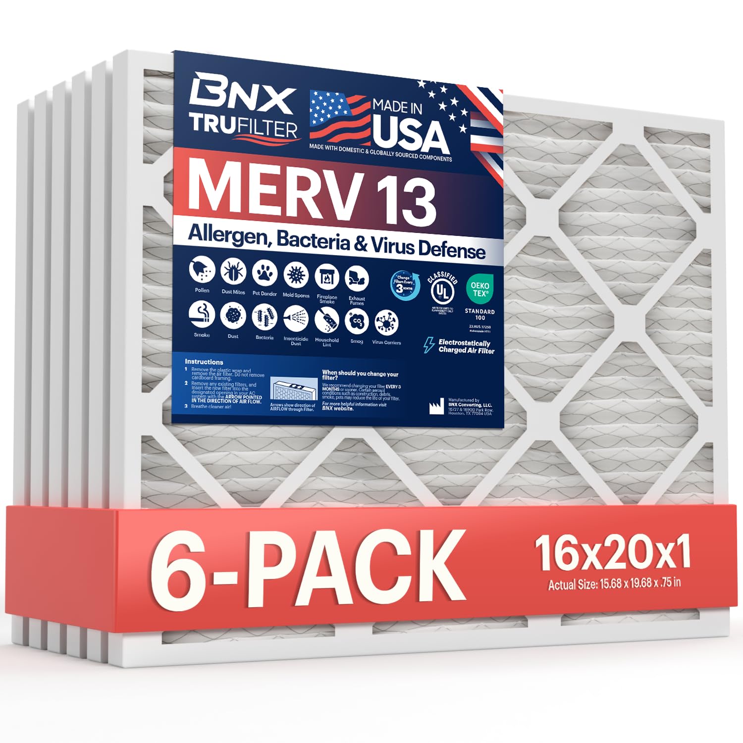 BNX TruFilter 16x20x1 front view showing MERV 13 filtration for cleaner air