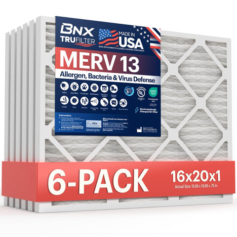 BNX TruFilter 16x20x1 front view showing MERV 13 filtration for cleaner air