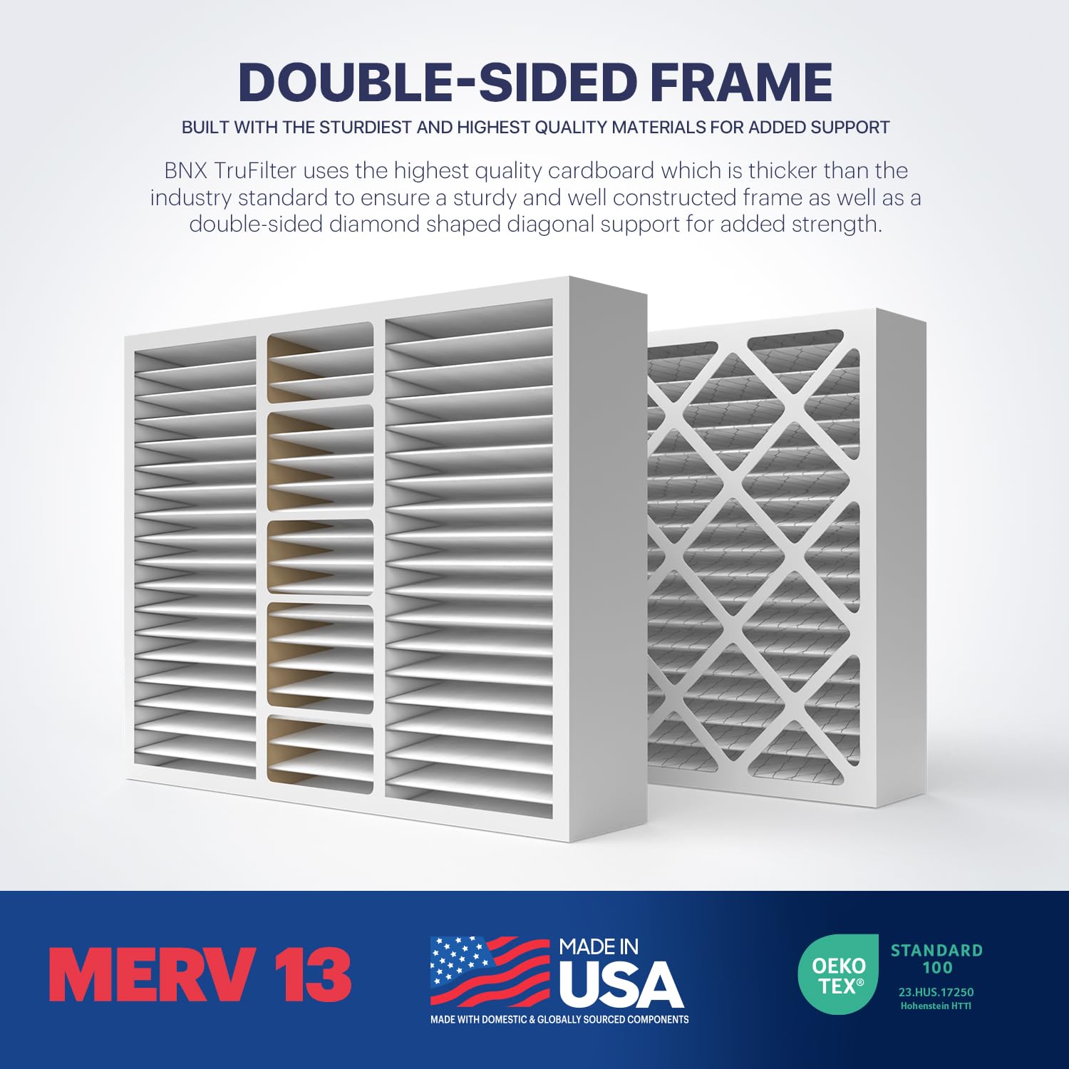 BNX TruFilter MERV 13 media captures pollen and smoke efficiently.