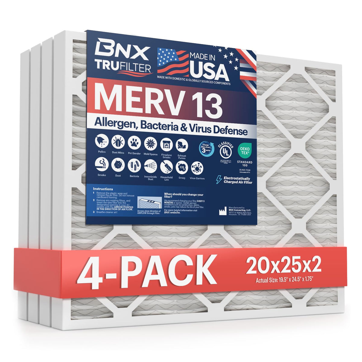 BNX TruFilter MERV13 filter close-up showing electrostatic media for cleaner air