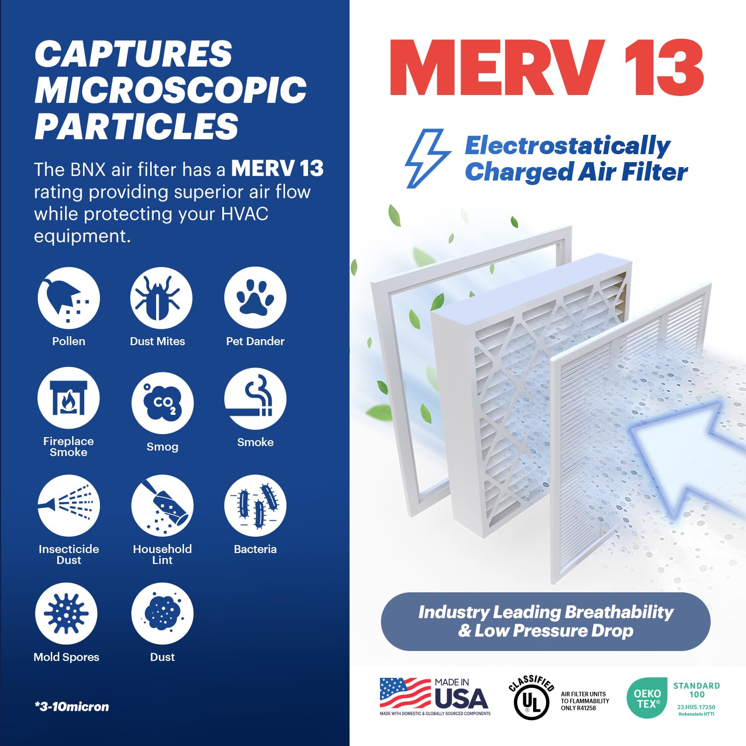 BNX TruFilter MERV 13 media close-up captures finer particles efficiently.