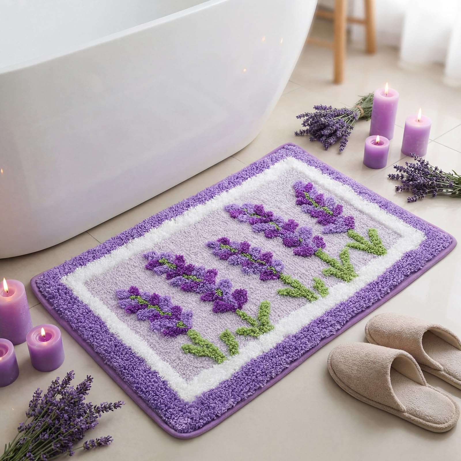 Boao Lavender bath mat close-up shows plush tufting and floral accents for cozy feet.