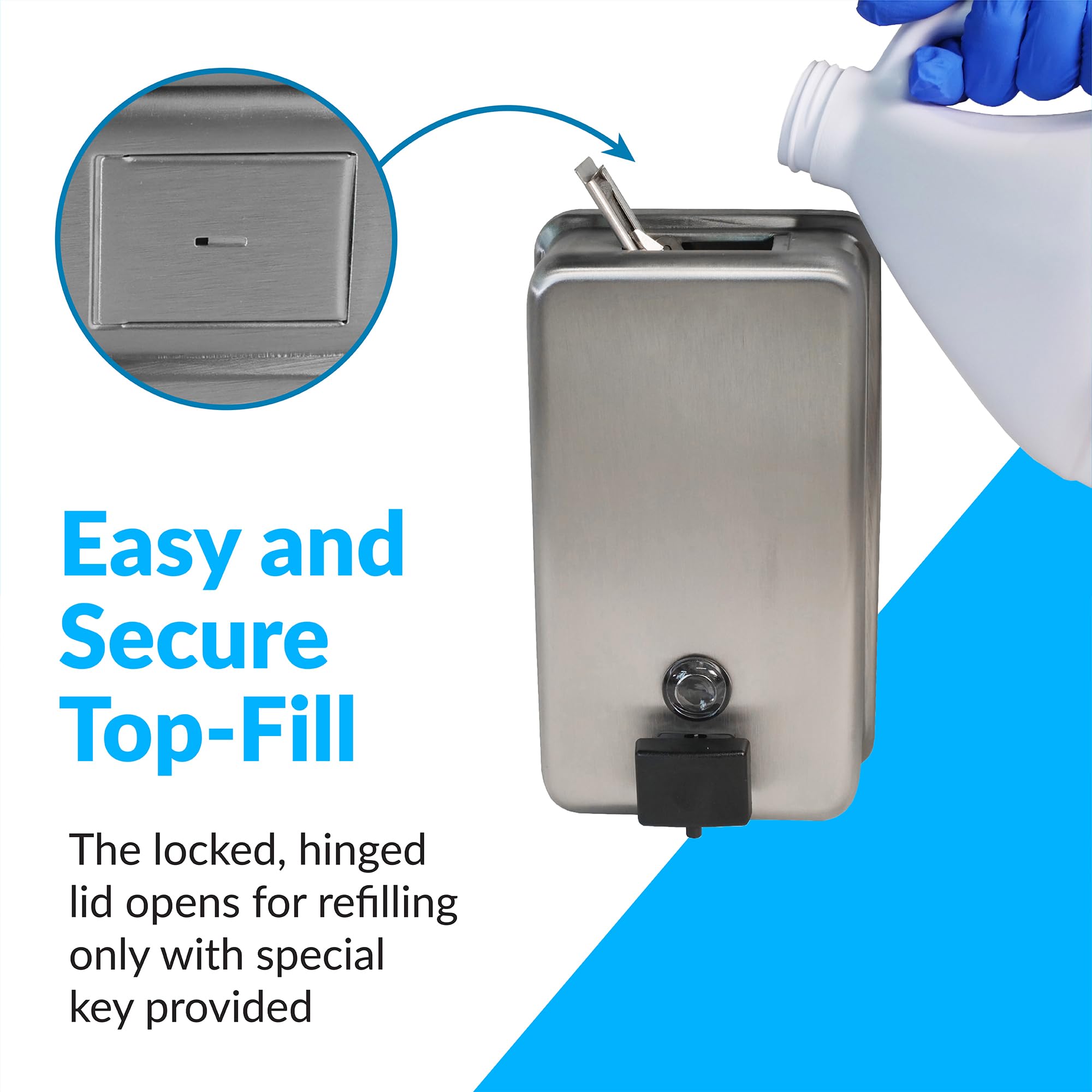Bobrick locked hinged lid detail secures public restrooms against tampering.