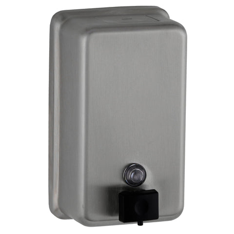Bobrick B-2111 soap dispenser with vertical tank and satin finish for high-traffic restrooms.
