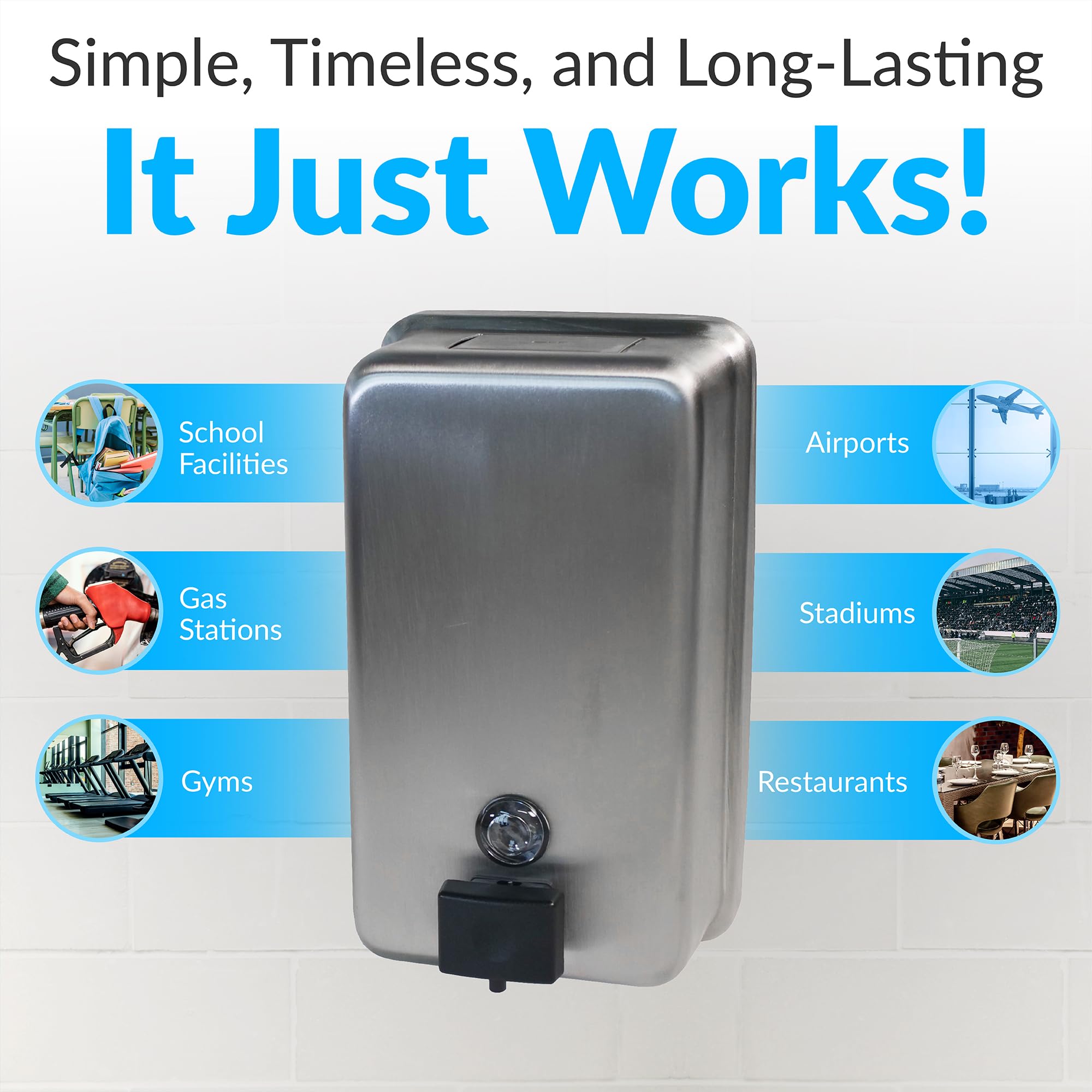 Bobrick satin stainless wall-mount provides durable vandal-resistant installation.