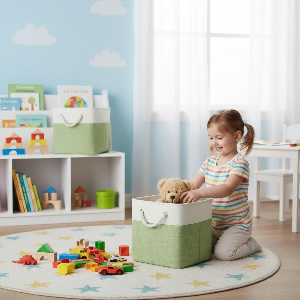 BOFUGA cube storage bin in living room for tidy storage