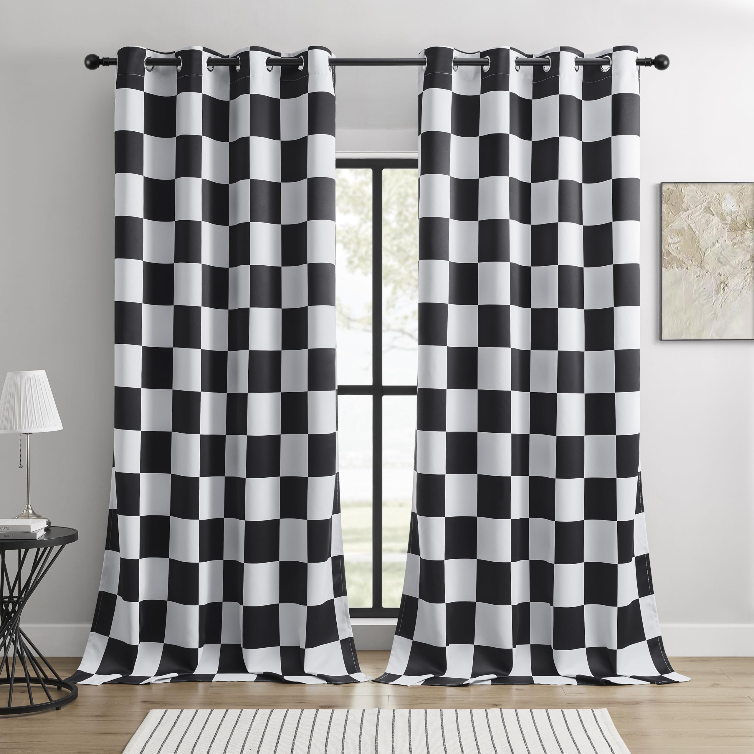 BOHOMOCASA checkered race-flag curtains, front view, stylish privacy and light control
