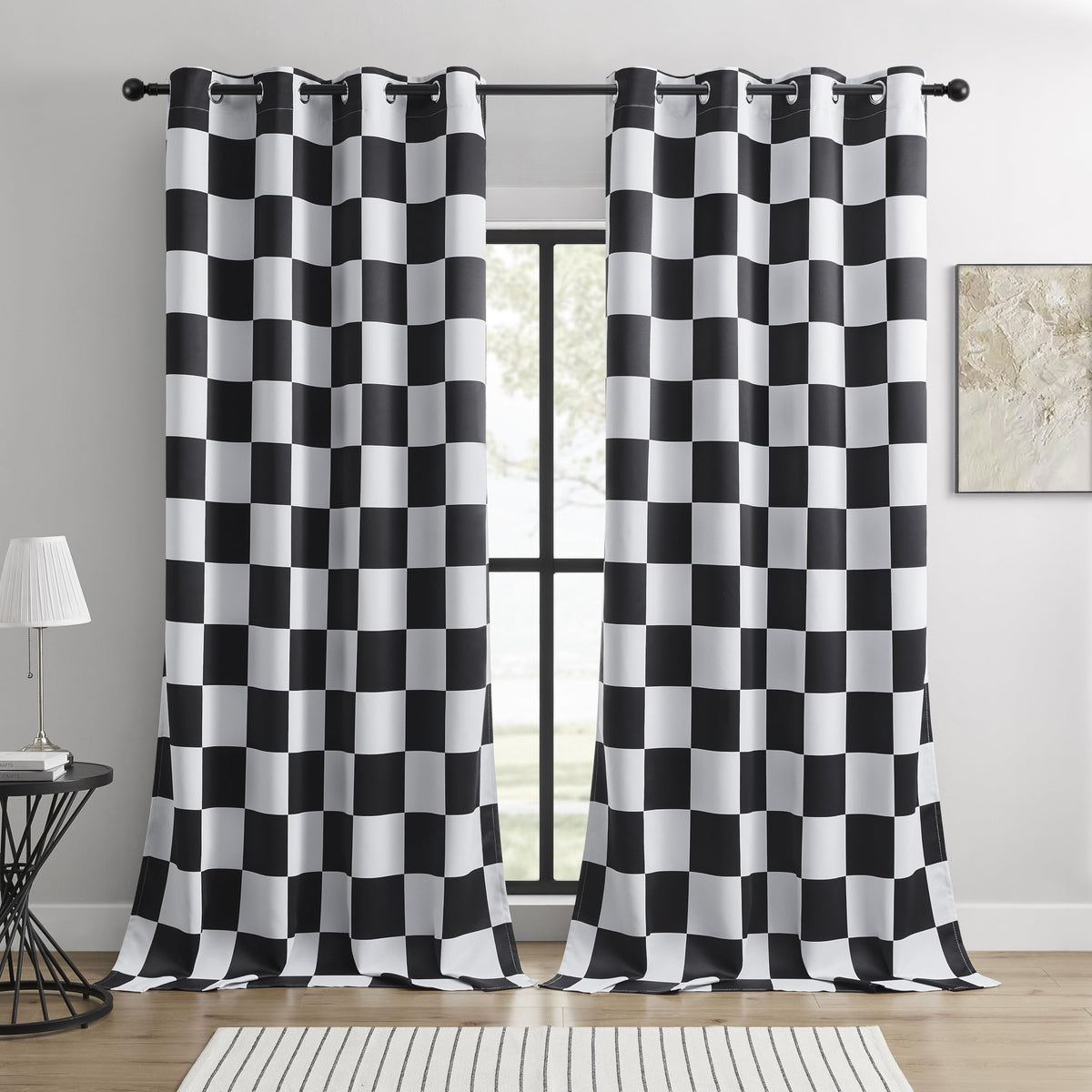BOHOMOCASA checkered race-flag curtains, front view, stylish privacy and light control